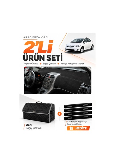 E-biz Toyota Aurıs E150 2006-2012 Uyumlu Torpido Örtüsü + Deri Bagaj Çantası - Siyah-gri - To005