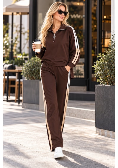 Duygu Altıntaş Kadın Siyah Şerit Detaylı Fermuarlı Eşofman Takımı Spor Ve Günlük Şık Tasarım Kahverengi - 928052314 Kahverengi - 928052314 Kahverengi