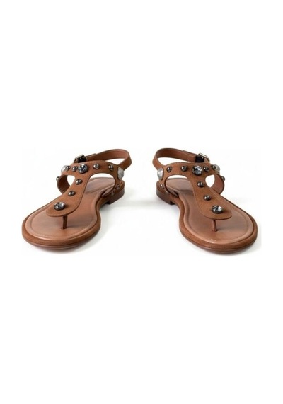 Ne&ve Shoes Taba Süet Hakiki Deri Taş Ve Trok Detaylı Parmak Arası Arkadan Tokalı Sandalet