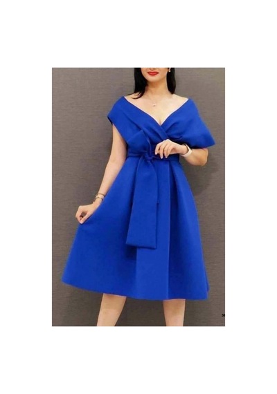 DefyModa Kadın Günlük Saten Kumaş V Yaka Kemerli Askılı Abiye Elbise Saks
