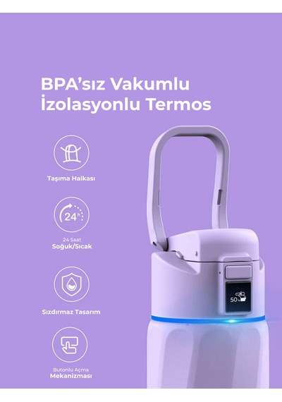 Waterh Boost Akıllı Termos Hidrasyon Takibi Yapan, Yalıtımlı 0,71l / 24oz Akıllı Şişe Mor