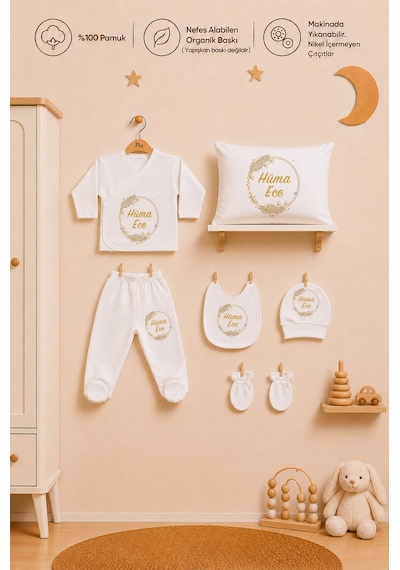 Pia Baby Kişiye Özel Kız Bebek Zıbın Seti 6 Parça %100 Pamuk Hastane Çıkışı Yastık Kılıfı 1066yz0x Ekru