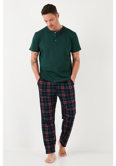 Buratti Ekoseli Pamuklu Beli Lastikli Regular Fit Kısa Kollu Erkek Pijama Takımı 6572004 Yeşil