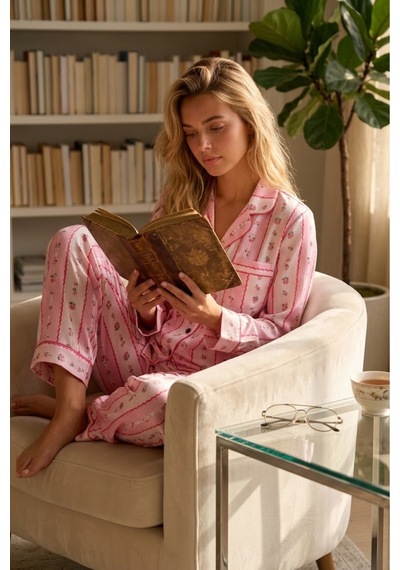 Fit Women Kadın Desenli Düğmeli Uzun Kollu Pembe Pijama Takımı