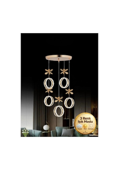 LumiaLighting Zero Model 5'li Gold 3 Renk Modu Ledli Kristal Taşlı Modern Salon Mutfak Oturma Odası Led Avize