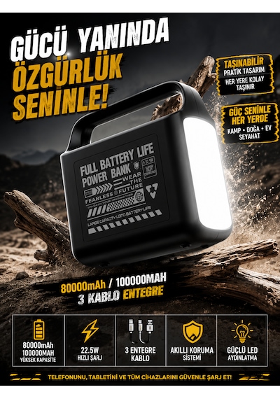 100000mah Powerbank 22.5w Hızlı Şarj Dahili Kablolu Lcd Ekranlı Led Fenerli 3a Taşınabilir Güç İstasyonu siyah