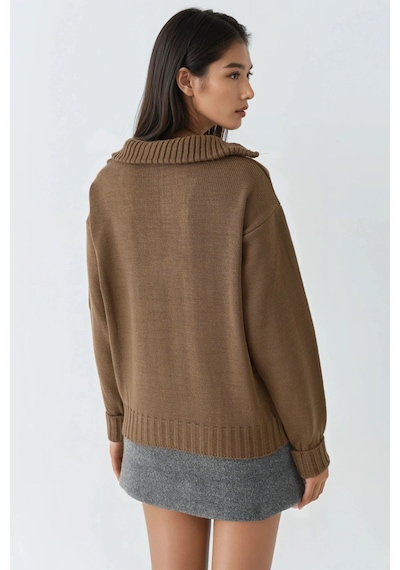 Hiccup My Fashıon Fermuarlı Yaka Oversize Triko Kazak Mocha Kahvesi