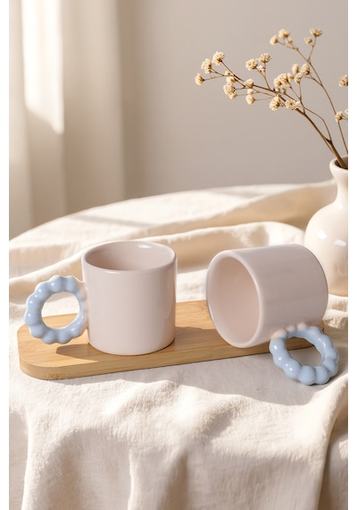 Keramika Krem İnci Kupa Mavi Kulplu 8 Cm 2 Adet 030-405