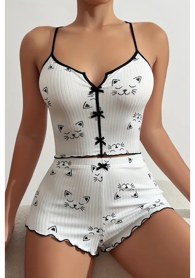 Merry See Yavru Kedi Baskılı Askılı Şortlu Pijama Takımı Beyaz