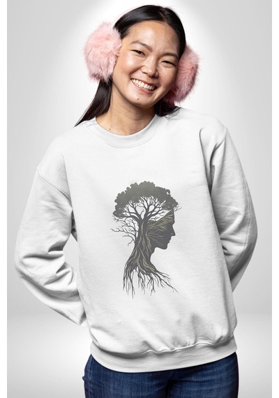 Toprak Köksalmış Ağaç Kadın Unisex Beyaz Baskılı Sweatshirt Beyaz
