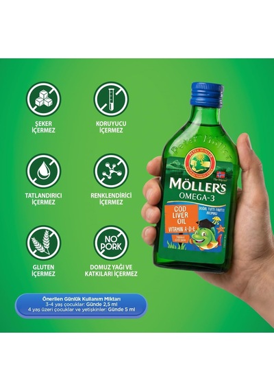 Möller's Omega 3 Tutti Frutti 250 Ml Saf Morina Balığı Yağı, Ifos Onaylı, Dha, Epa, A D E Vitamini. Çocuklar Ve