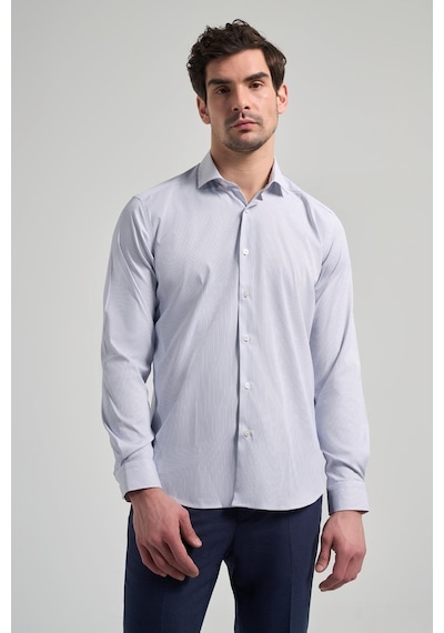 İmza Uzun Kol Çizgili Desen Bez Ayağı Sert Yaka Cepsiz Esnek Classic Slim Fit Gömlek 1004250158 Beyaz