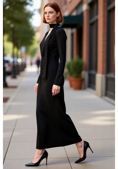 Ersefa Kadın Fashion Forward Bodycon Kesim V Yaka Kuşak Detaylı Maxi Elb Siyah