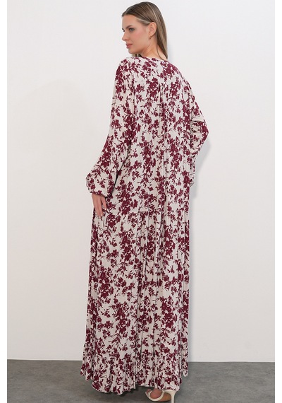 Bigdart Kadın Desenli Uzun Elbise 2596 - Bordo