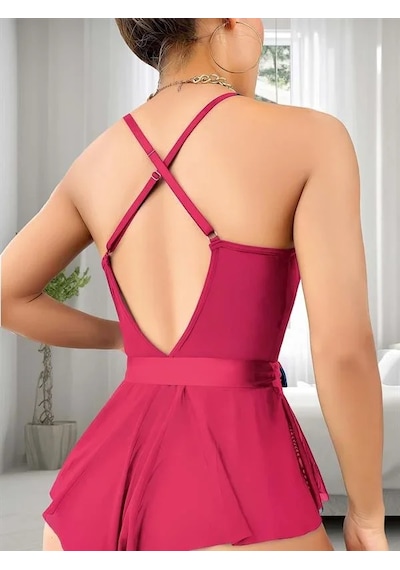Angbutik Kadın Fuşya Dantel İşlemeli Kurdelalı Tül Babydoll