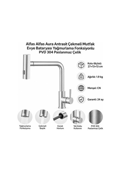 Alfas Aura Rain İnox Çekmeli Mutfak Evye Bataryası Yağmurlama Fonksiyonlu Pvd 304 Paslanmaz Çelik Inox