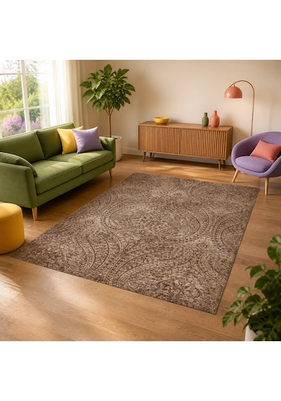 Kartela Halı Paisley Halı Kaymaz Taban Makinede Yıkanabilir Halı Kahverengi - 60 X 90 Cm