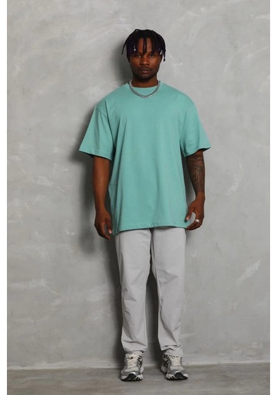 Erkek Düz Yazlık Kısa Kol Tişört Bisiklet Yaka Oversize T-shirt - Mint Yeşili Mint Yeşili