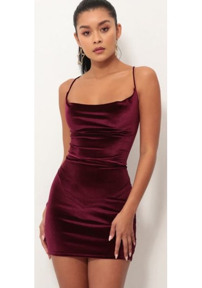 Hanife Glam Couture Hanife Glam Mini Kadife Elbise Bordo