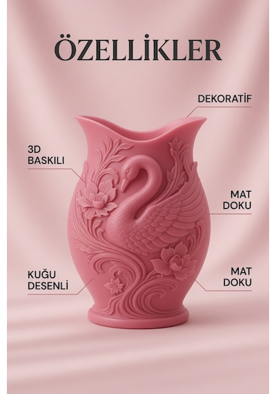 Kuğu Desenli Dekoratif Vazo 15 Cm 3d Baskılı Mat Dokulu Şık Masa Ve Raf Dekoru Pembe