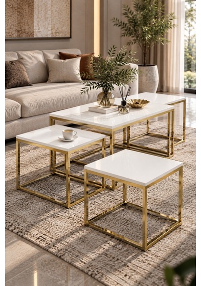 Sulorahome 4'lü Beyaz Ve Gold Metal Sehpa Seti Beyaz - Altın