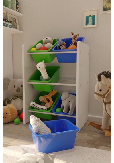 6 Sepetli Yeşil Ve Mavi Oyuncak Dolabı, Çok Amaçlı Dolap, Montessori Dolap Mavi-yeşil