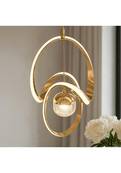 Çizgili Kasa Badem Model Tek Toplu Led Sarkıt Avize Altın-gold