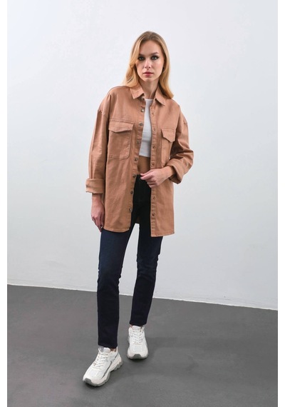 Kadın Oversize Jean Gömlek Bej 001