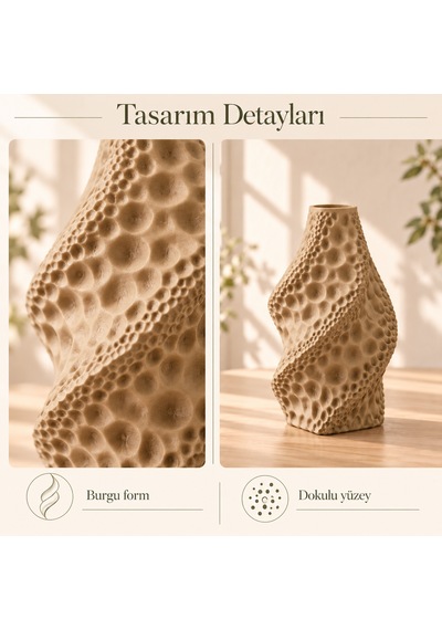 Dekoratif Vazo Burgu Formlu Taş Dokulu Modern Kuru Çiçeklik Bej