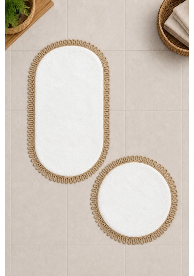 El Yapımı Bohem Banyo Paspası 2'li Peluş Kaymaz Jel Taban Yuvarlak 60x60 Cm Ve Oval 55x100 Cm Beyaz Jüt Hasır