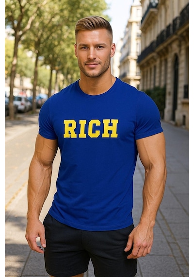 Rich Erkek Nakış Baskılı T-shirt Mavi