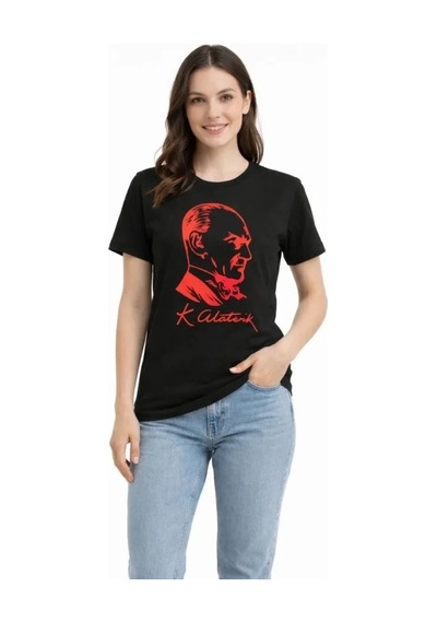 Defymoda Atatürk Baskılı Tişört Kısa Kollu Bisiklet Yaka T-shirt - Siyah