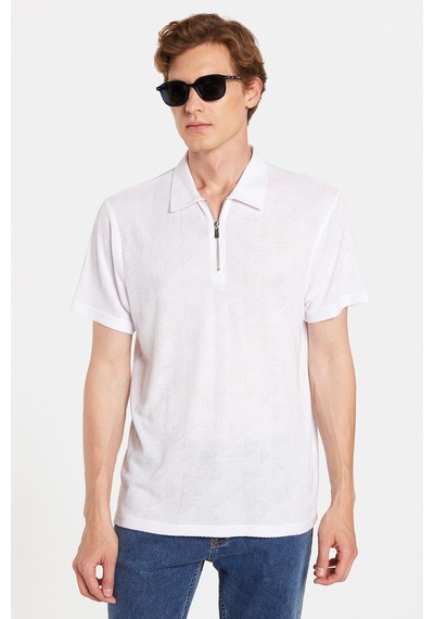 Tudors Erkek Slim Fit Dar Kesim Viskon Fermuarlı Polo Yaka Beyaz Tişört-34357 Beyaz