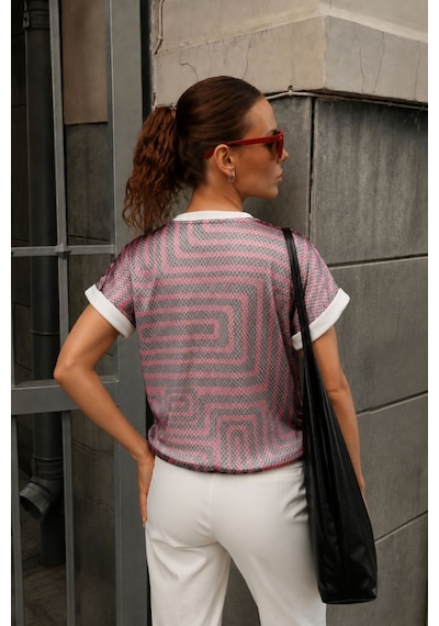 Armonika Kadın Fuşya Sıfır Yaka File Simli Kumaştan Astarlı İki İplik Kısa Kollu Tshirt Arm-26y001088