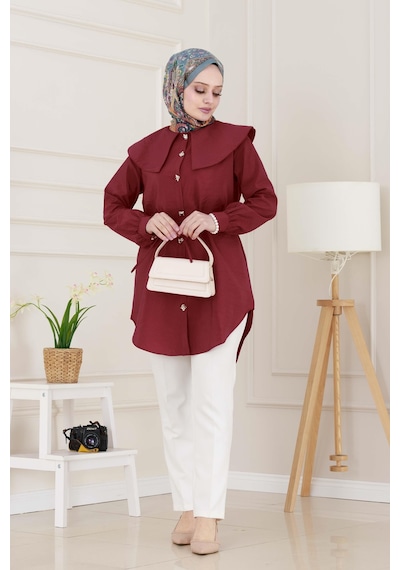 Sevitli Beli Bağcık Detaylı Geniş Yaka Tunik-bordo-4989 Bordo