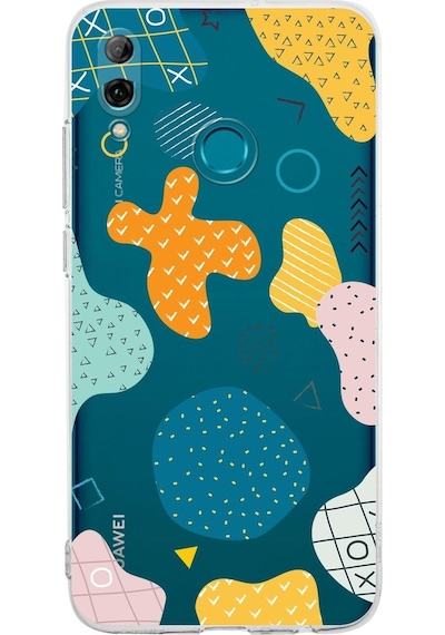 Huawei P Smart 2019 Uyumlu Kamera Korumalı Kapak Geometrik Şekiller Tasarımlı Şeffaf Kılıf Şeffaf