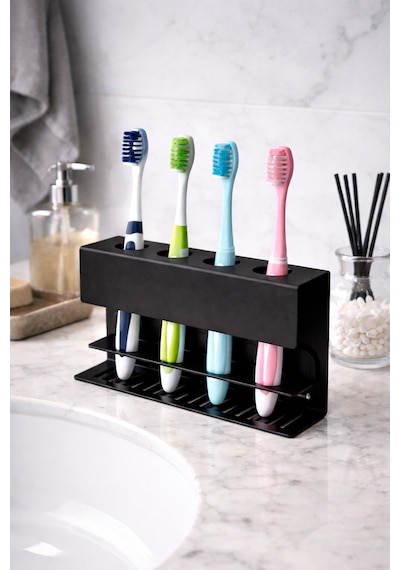 Metal Diş Fırçalık Siyah 4 Bölmeli Duvara Monte Diş Fırçası Tutucu Banyo Organizer