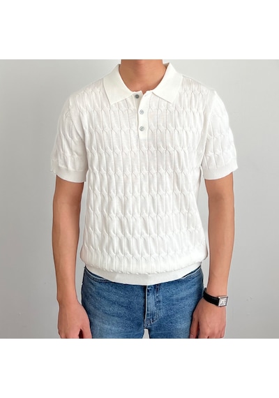 Tarz Cool Erkek İnce Saç Örgülü Düğmeli Slim Fit Polo Yaka Triko T-shirt Beyaz