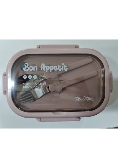 Tantitoni Pembe Paslanmaz Çelik Dikdörtgen Çatal Ve Kaşıklı Yemek Taşıma Kabı 850ml Pembe