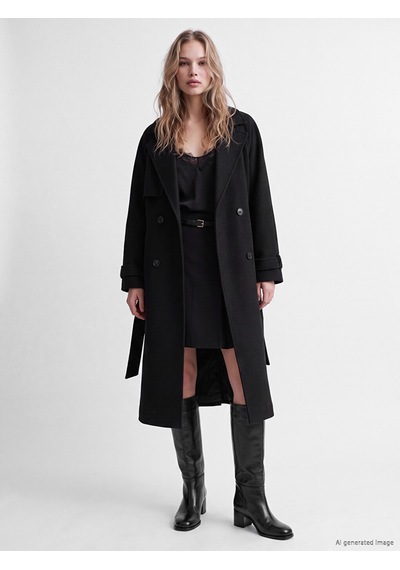 Lcw Vision Siyah Kruvaze Yaka Oversize Kadın Kaşe Kaban