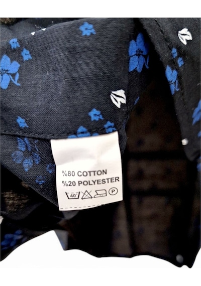 M Slim Fit Kalıp Siyah, Çiçek Desenli Pamuk Kısa Kollu Klasik Erkek Gömlek