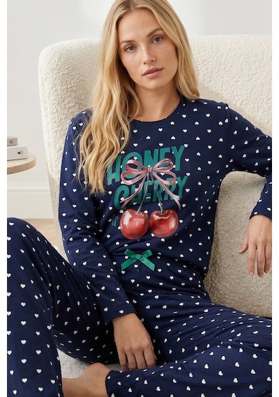 Siyah İnci Pamuklu Likralı Örme Pijama Takım26240308 Lacivert