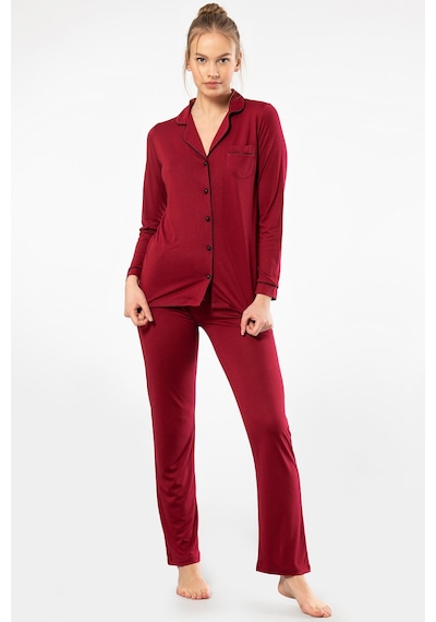Türen 3365 Kadın Uzun Kollu Gömlek Yaka Pijama Takım-bordo Bordo