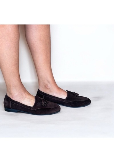 Ne&ve Shoes Kahve Süet Hakiki Deri Püsküllü Kadın Loafer Ayakkabı Kahverengi
