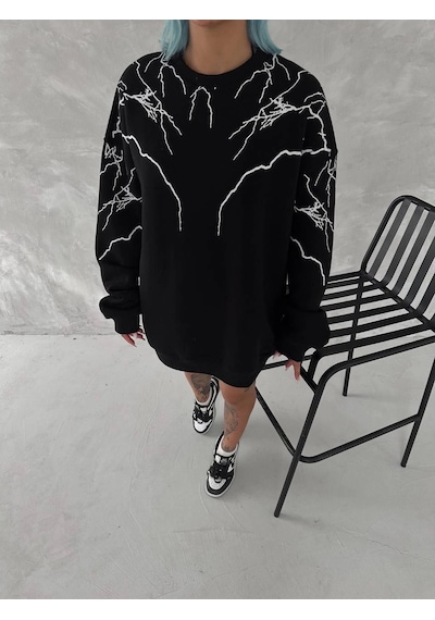 Yıldırım Baskılı Bisiklet Yaka Sweatshirt - Siyah Siyah