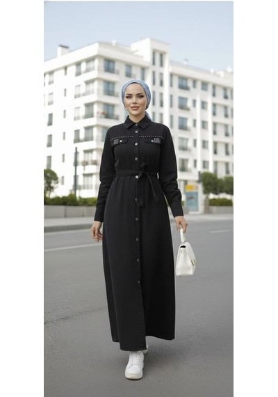 Hb Harma Time Butik Kadın Boncuk İşlemeli Düğmeli Kuşaklı Siyah Kot Elbise