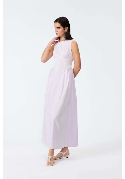 Vatkalı Kayık Poplin Elbise-16644 Lila