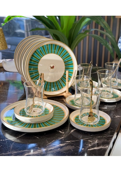 18 Parça Modern Piano Bird Green Pasta Çay Saati Seti-4347 Çok Renkli