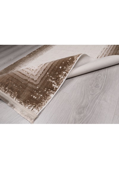 Saten Halı Modern Kaymaz Tabanlı Yıkanabilir Salon Oturma Odası Halısı Çerçeve Çizgili Desen Kahverengi