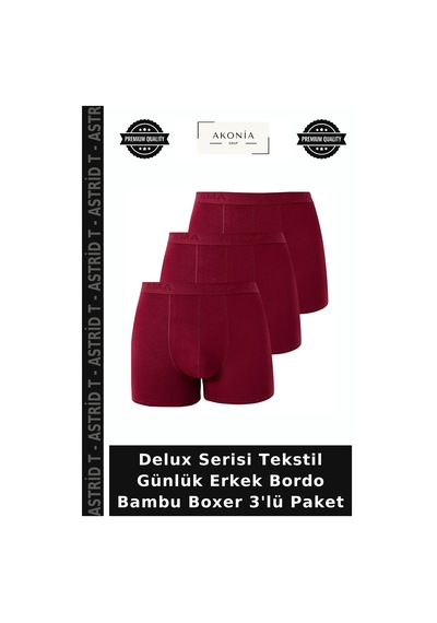 Astrid T Delux Serisi Tekstil Günlük Erkek Bordo Bambu Boxer 3'lü Paket